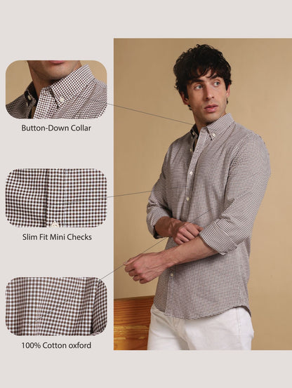 Slim Fit Mini Checks Shirt Brown