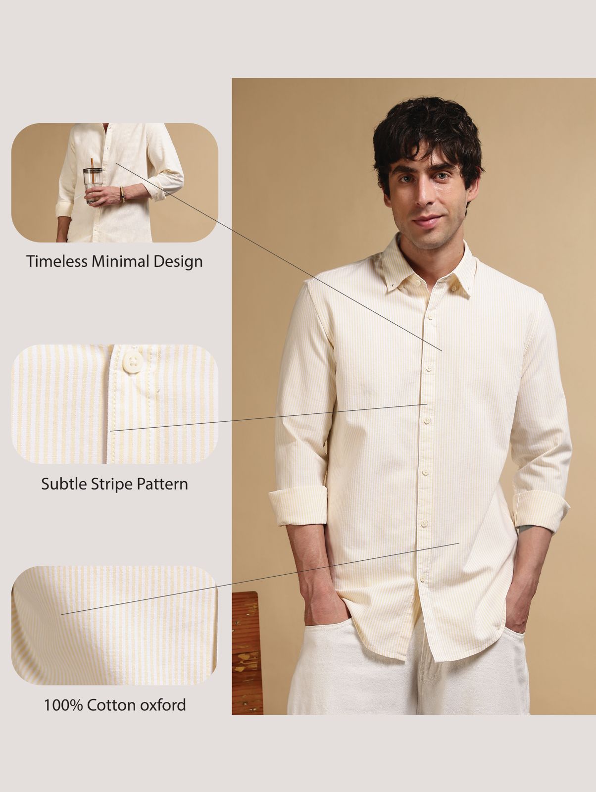 100% Cotton Oxford Slim Fit Striped Shirt Yellow