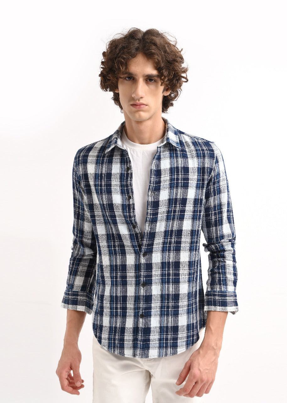Textured Indigo Dobby Check Shirt Dk Navy