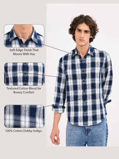 Textured Dobby Check Shirt Navy