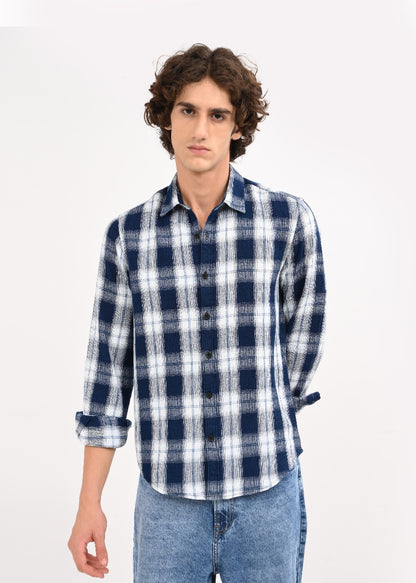 Textured Dobby Check Shirt Navy