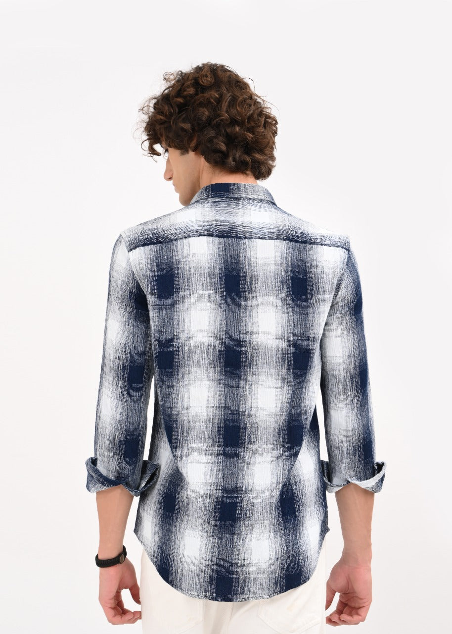 Textured Indigo Dobby Check Shirt White