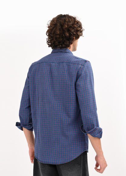 Indigo-Dyed 100% Cotton Check Shirt Navy