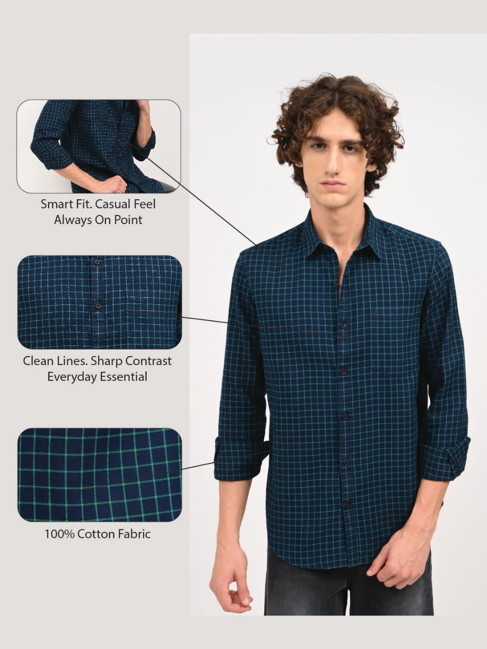 Indigo-Dyed 100% Cotton Check Shirt Lt Green