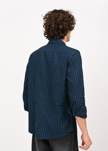 Indigo-Dyed 100% Cotton Check Shirt Lt Green