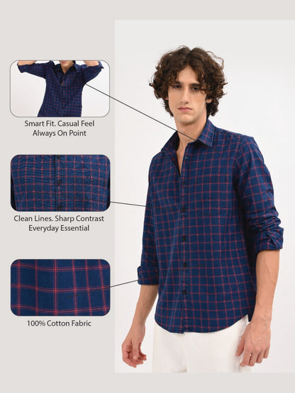 Indigo-Dyed 100% Cotton Check Shirt Red