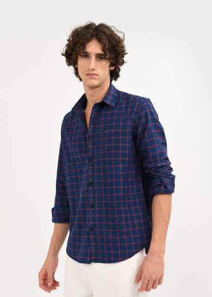 Indigo-Dyed 100% Cotton Check Shirt Red