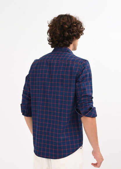 Indigo-Dyed 100% Cotton Check Shirt Red