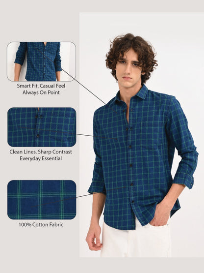 Indigo-Dyed 100% Cotton Check Shirt Navy
