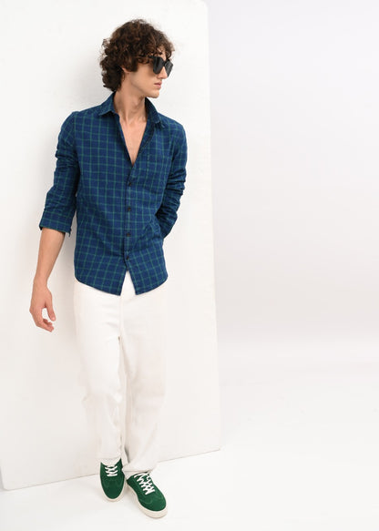 Indigo-Dyed 100% Cotton Check Shirt Navy
