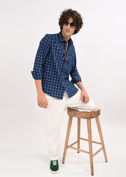 Indigo-Dyed 100% Cotton Check Shirt Navy White