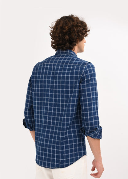Indigo-Dyed 100% Cotton Check Shirt Navy White
