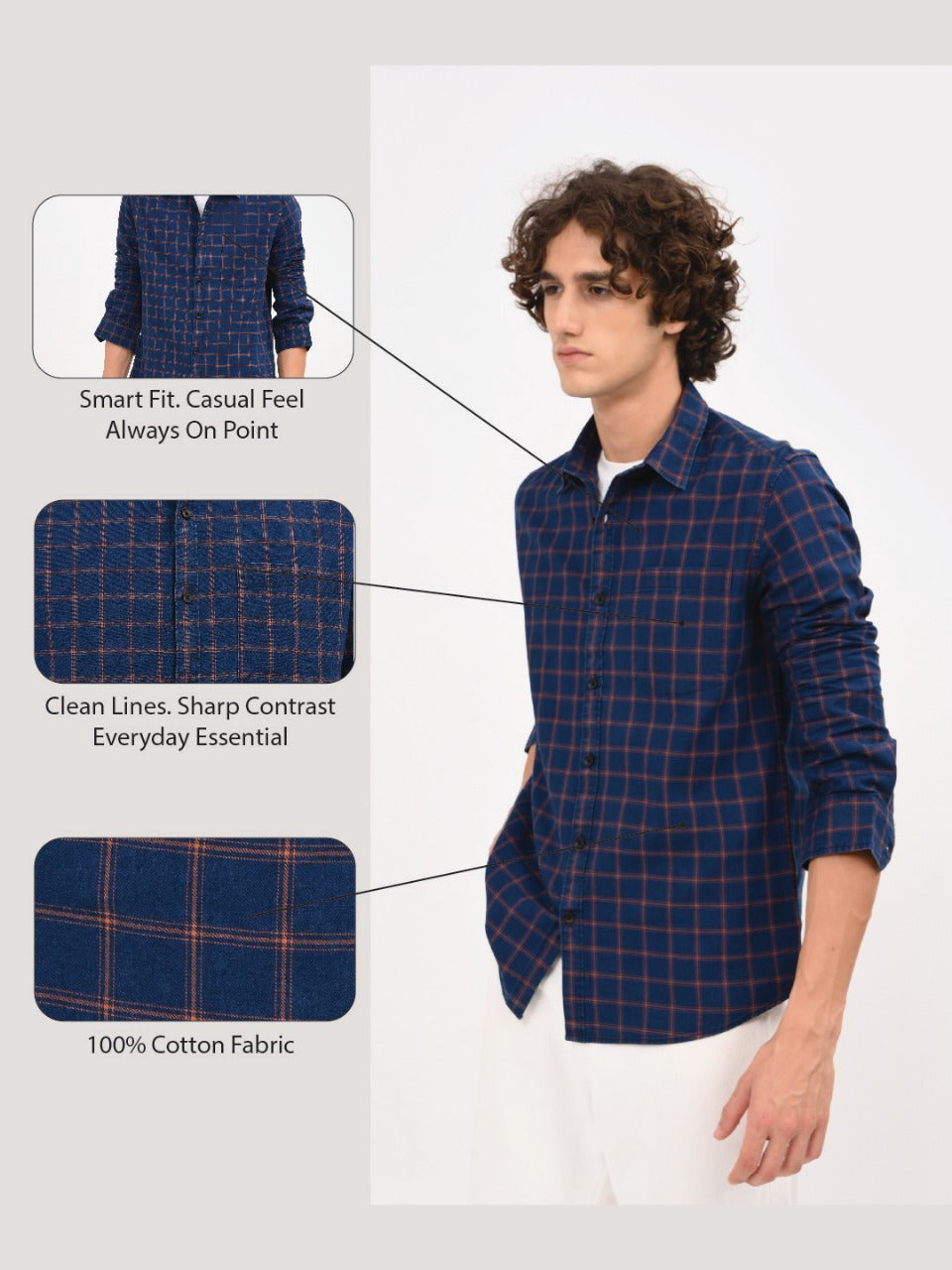 Indigo-Dyed 100% Cotton Check Shirt Navy