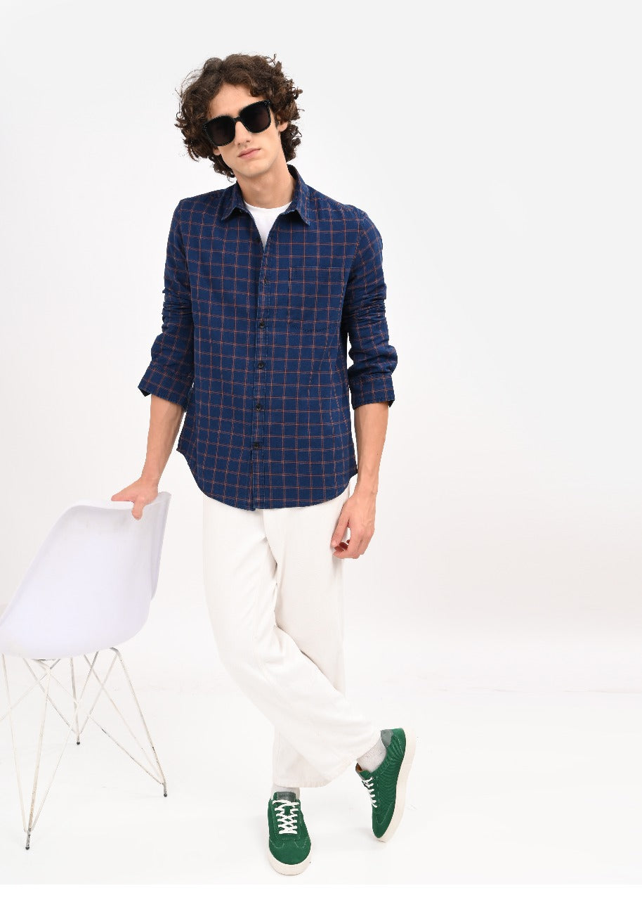 Indigo-Dyed 100% Cotton Check Shirt Navy