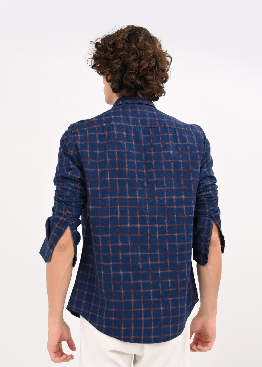 Indigo-Dyed 100% Cotton Check Shirt Navy
