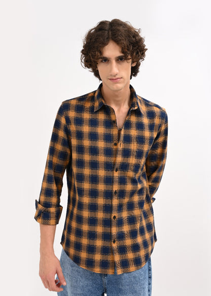Indigo-Dyed 100% Cotton Check Shirt Musted