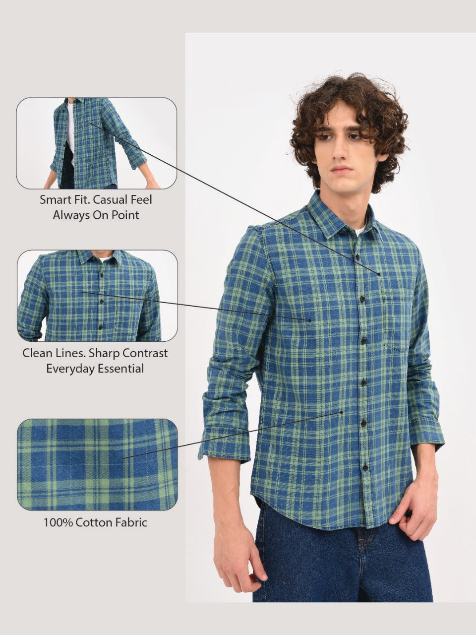 Indigo-Dyed 100% Cotton Check Shirt Green