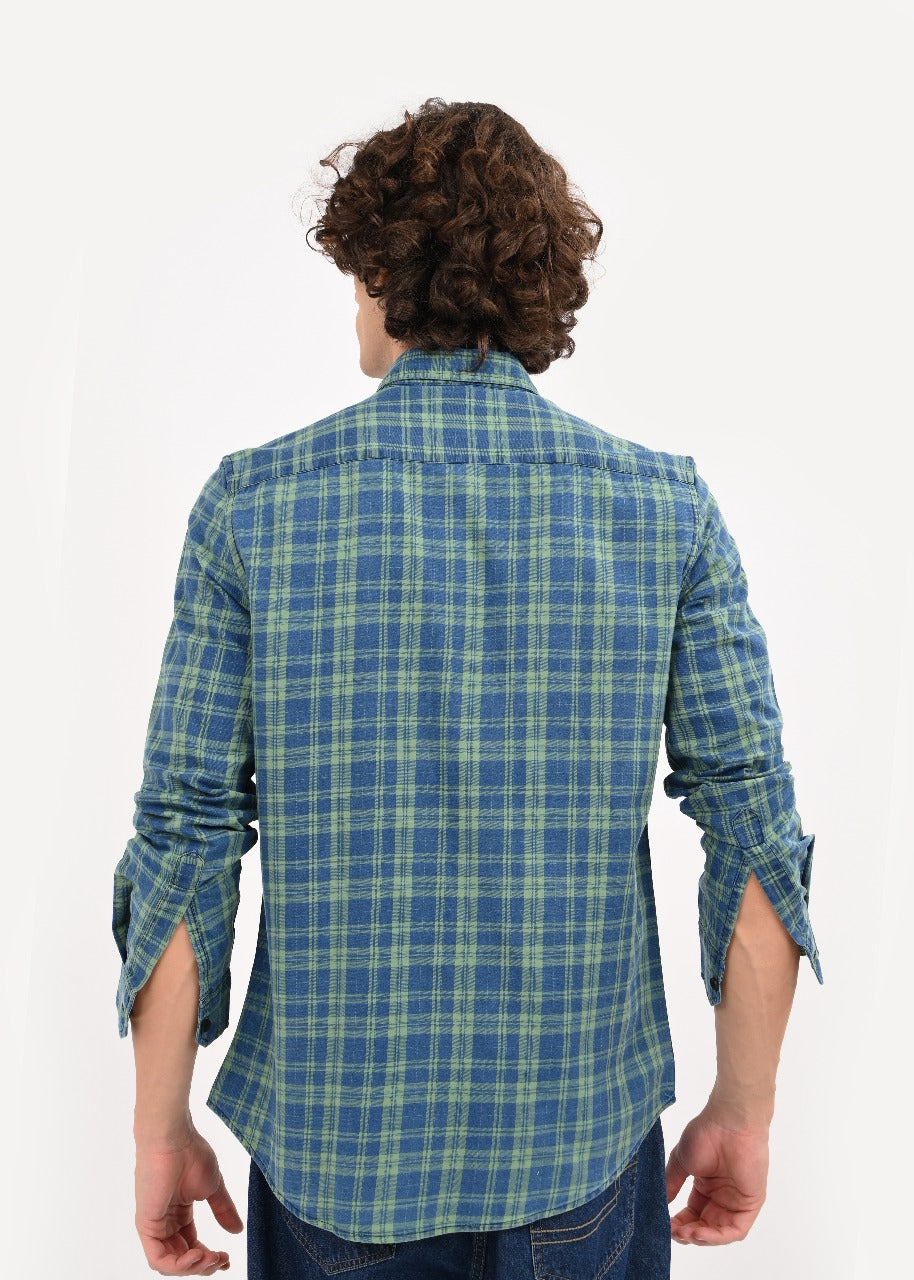 Indigo-Dyed 100% Cotton Check Shirt Green