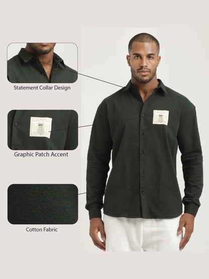 Slim Fit Cotton Shirt with Graphic Stickers Dk Green