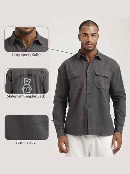 Casual Fit Cotton Shirt with Double Pockets Grey