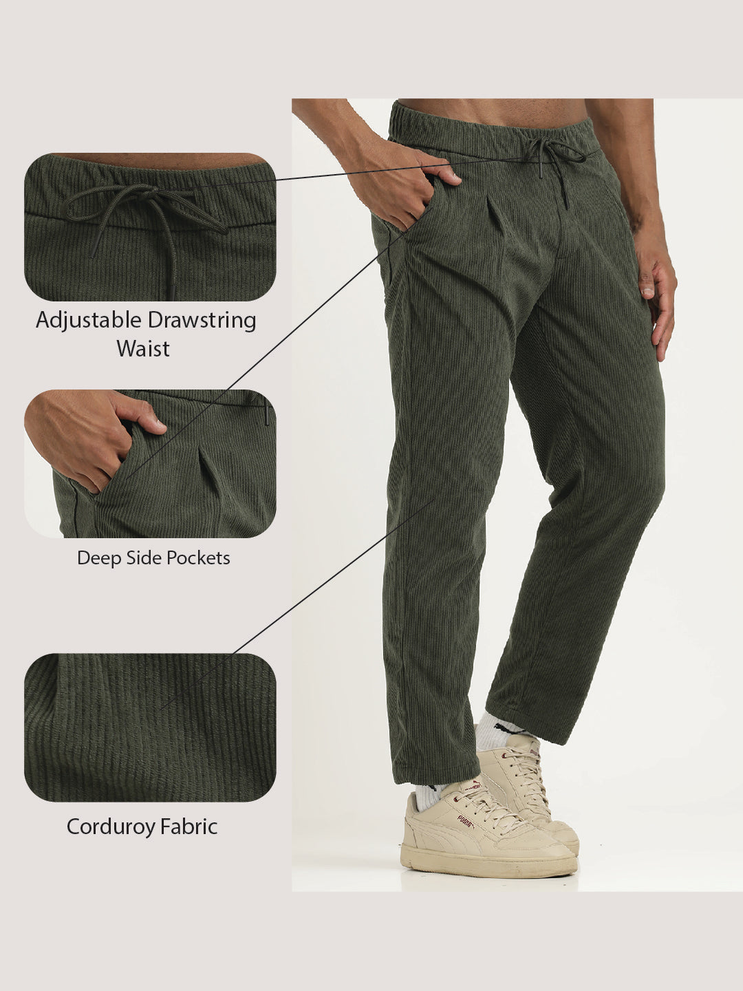Comfort Fit Corduroy Trousers with Multhi Pockets Green
