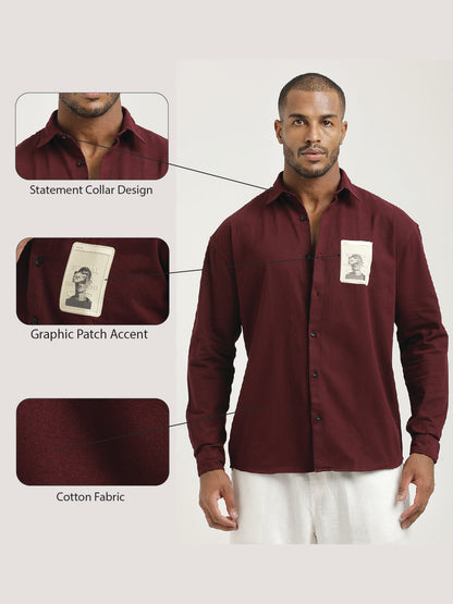 Slim Fit Cotton Shirt with Graphic Stickers Maroon
