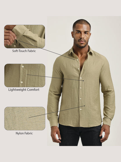 Slim Fit Nylon Shirt with Linen Look Khaki