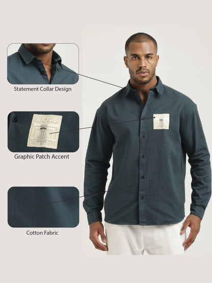 Slim Fit Cotton Shirt with Graphic Stickers R Green