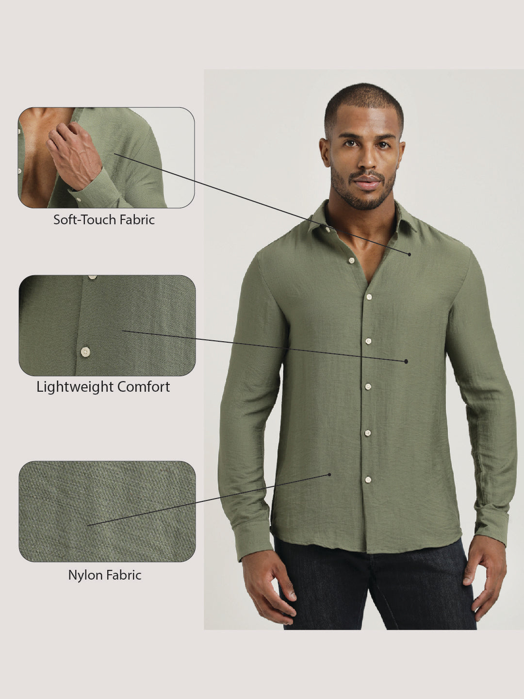 Slim Fit Nylon Shirt with Linen Look Olive