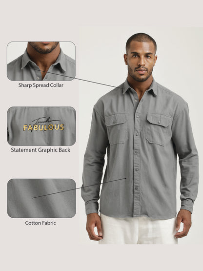 Casual Fit Cotton Shirt with Double Pockets Lt Grey