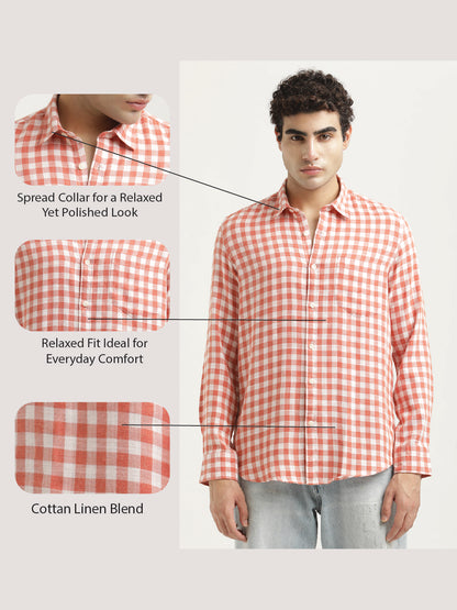 Checked Cotton-Linen Shirt Orange