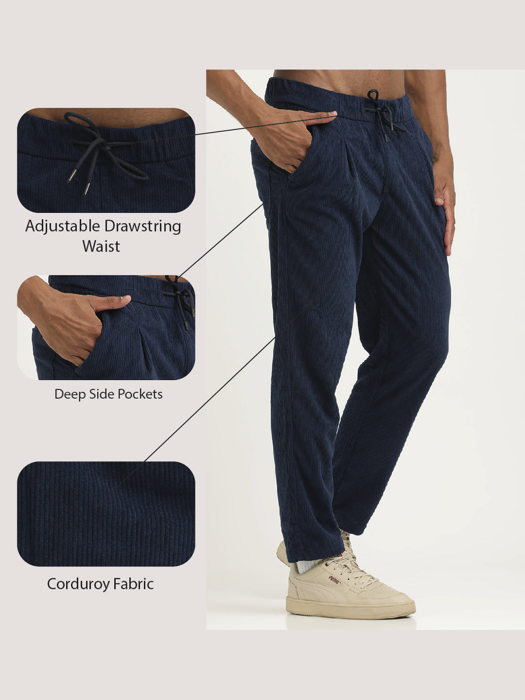Comfort Fit Corduroy Trousers with Multhi Pockets Navy