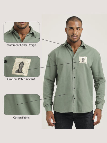 Slim Fit Cotton Shirt with Graphic Stickers Lt Green