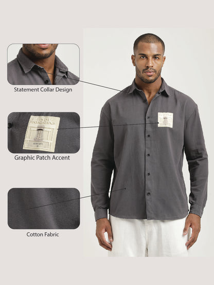 Slim Fit Cotton Shirt with Graphic Stickers Dk Grey