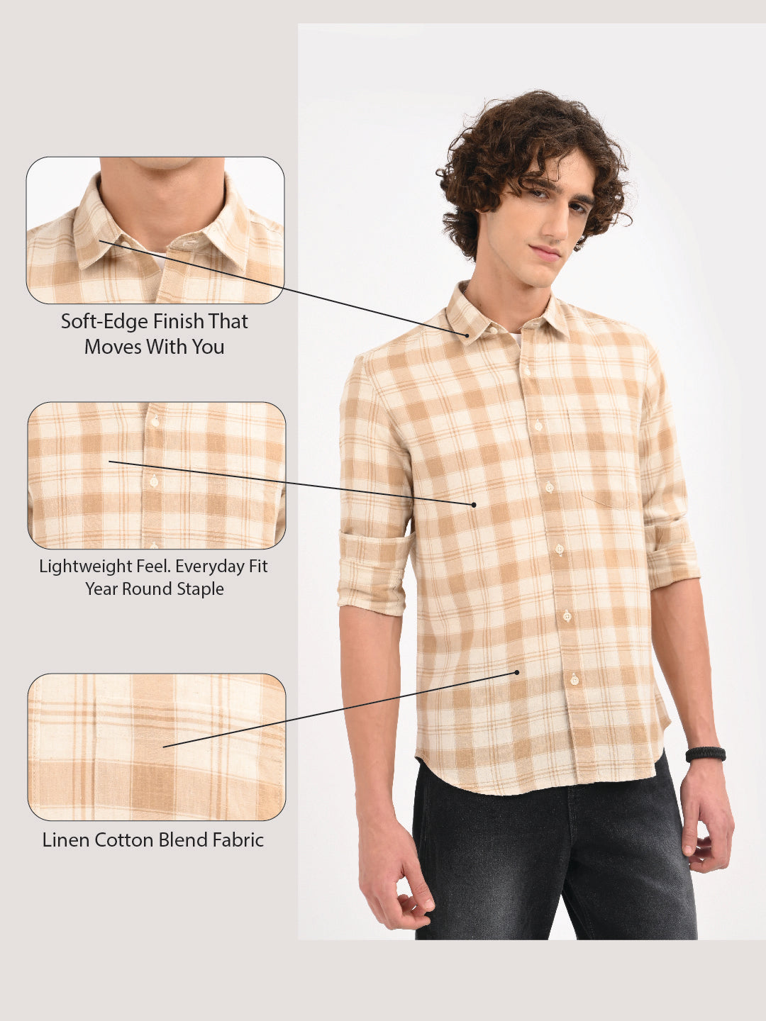 Linen-Cotton Check Shirt Beige