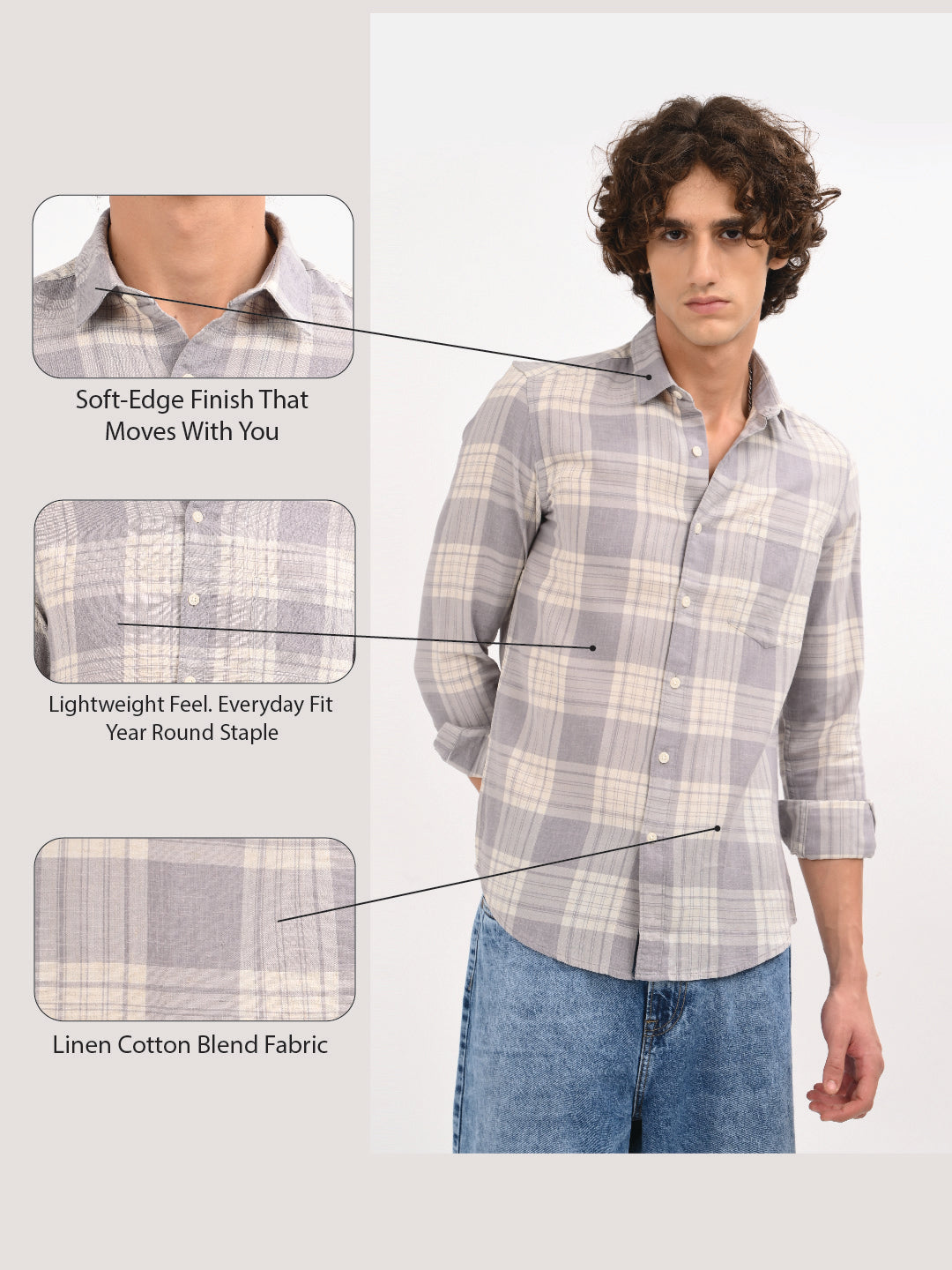 Linen-Cotton Check Shirt Grey