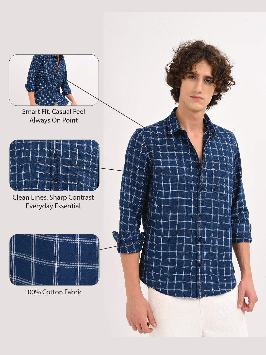Indigo-Dyed 100% Cotton Check Shirt Navy White