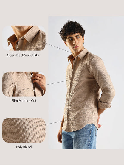 Self-Designed Poly Blend Slim Fit Shirt Brown