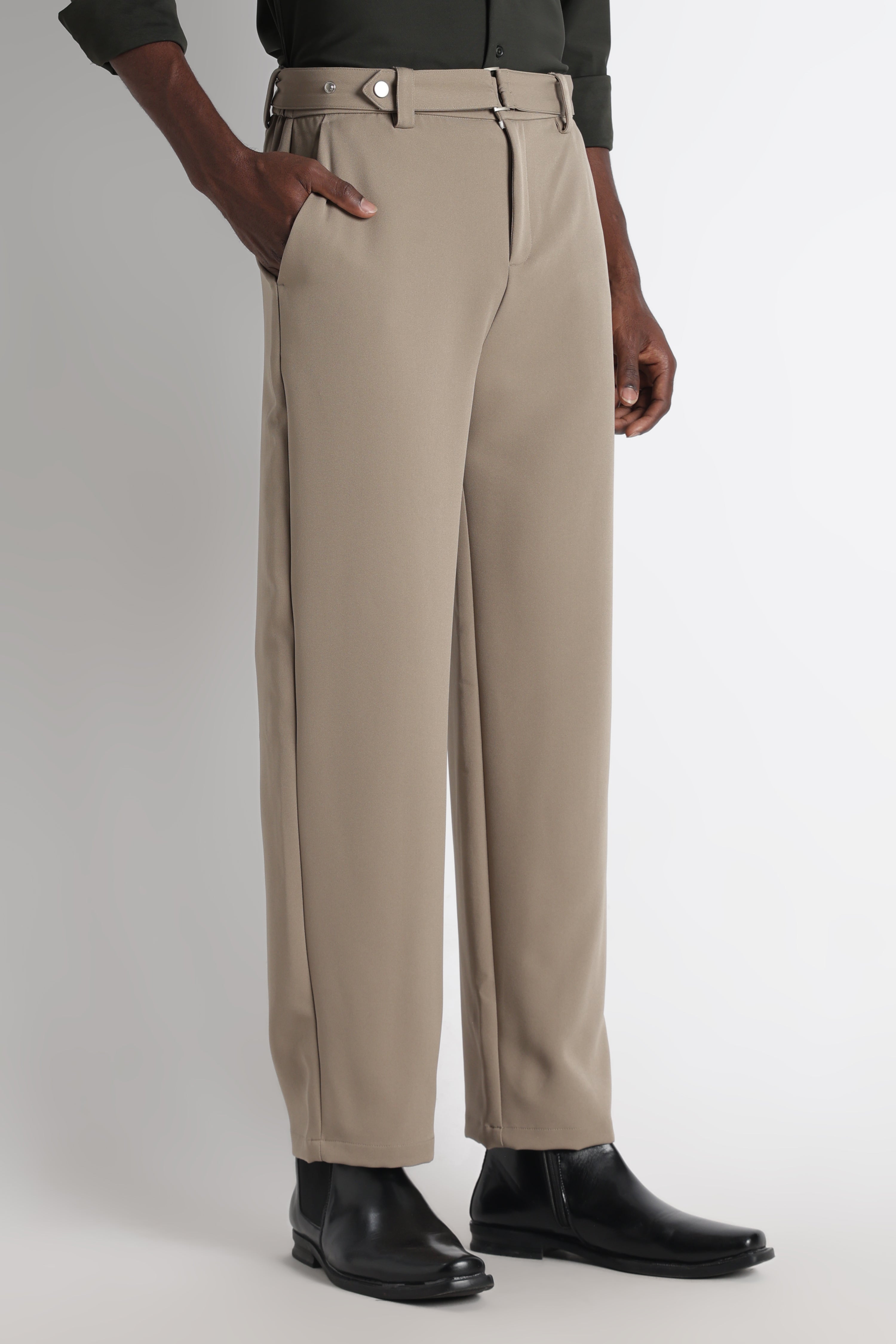 Modern Casual Trousers with Belt Detail Olive