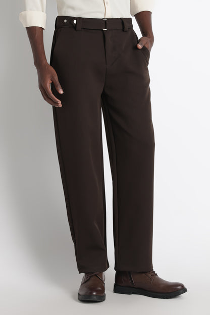 Modern Casual Trousers with Belt Detail Dk Brown