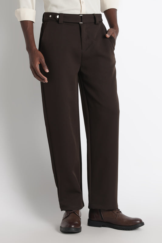 Modern Casual Trousers with Belt Detail Dk Brown