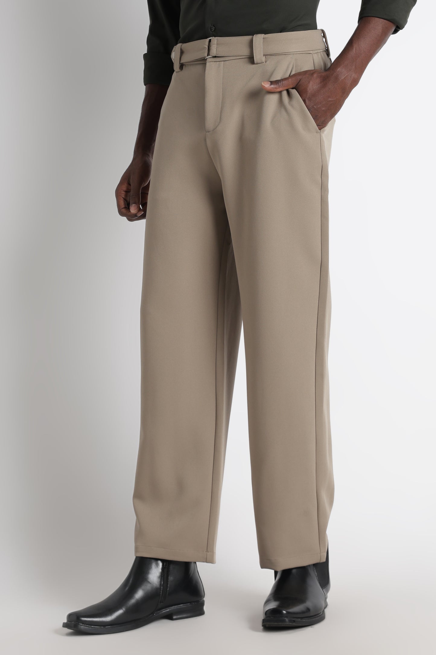 Modern Casual Trousers with Belt Detail Olive