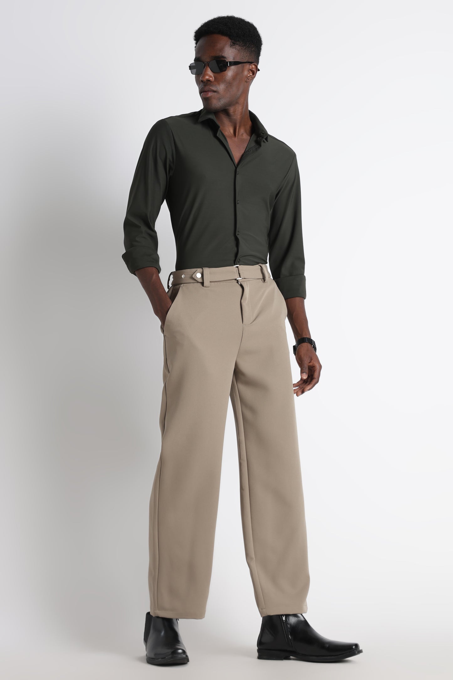 Modern Casual Trousers with Belt Detail Olive