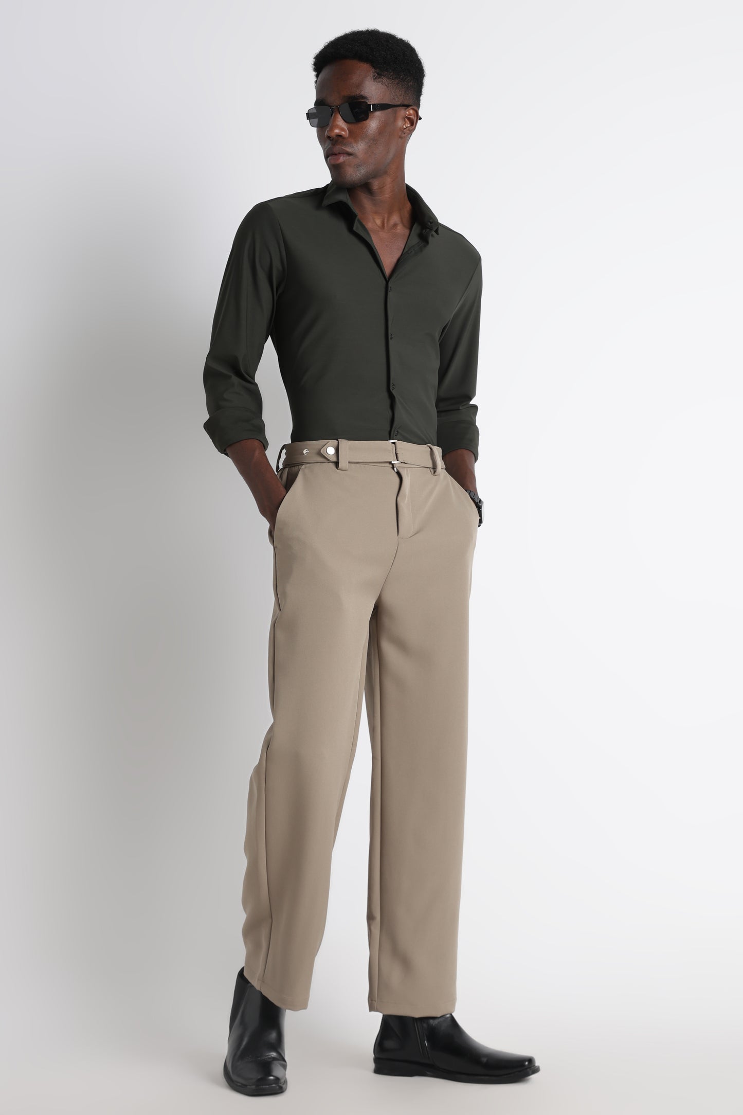Modern Casual Trousers with Belt Detail Olive
