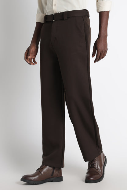 Modern Casual Trousers with Belt Detail Dk Brown