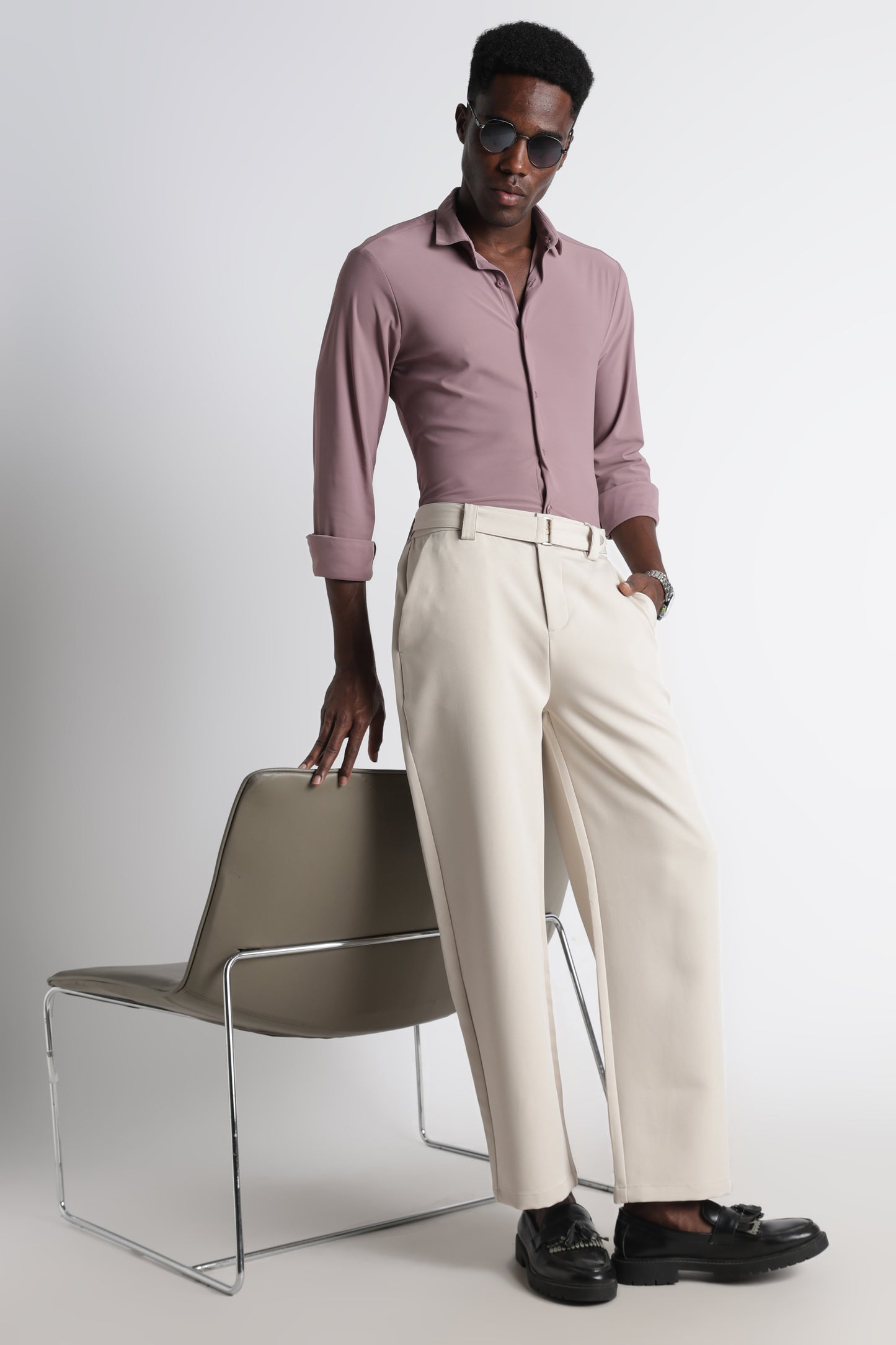 Modern Casual Trousers with Belt Detail Cream