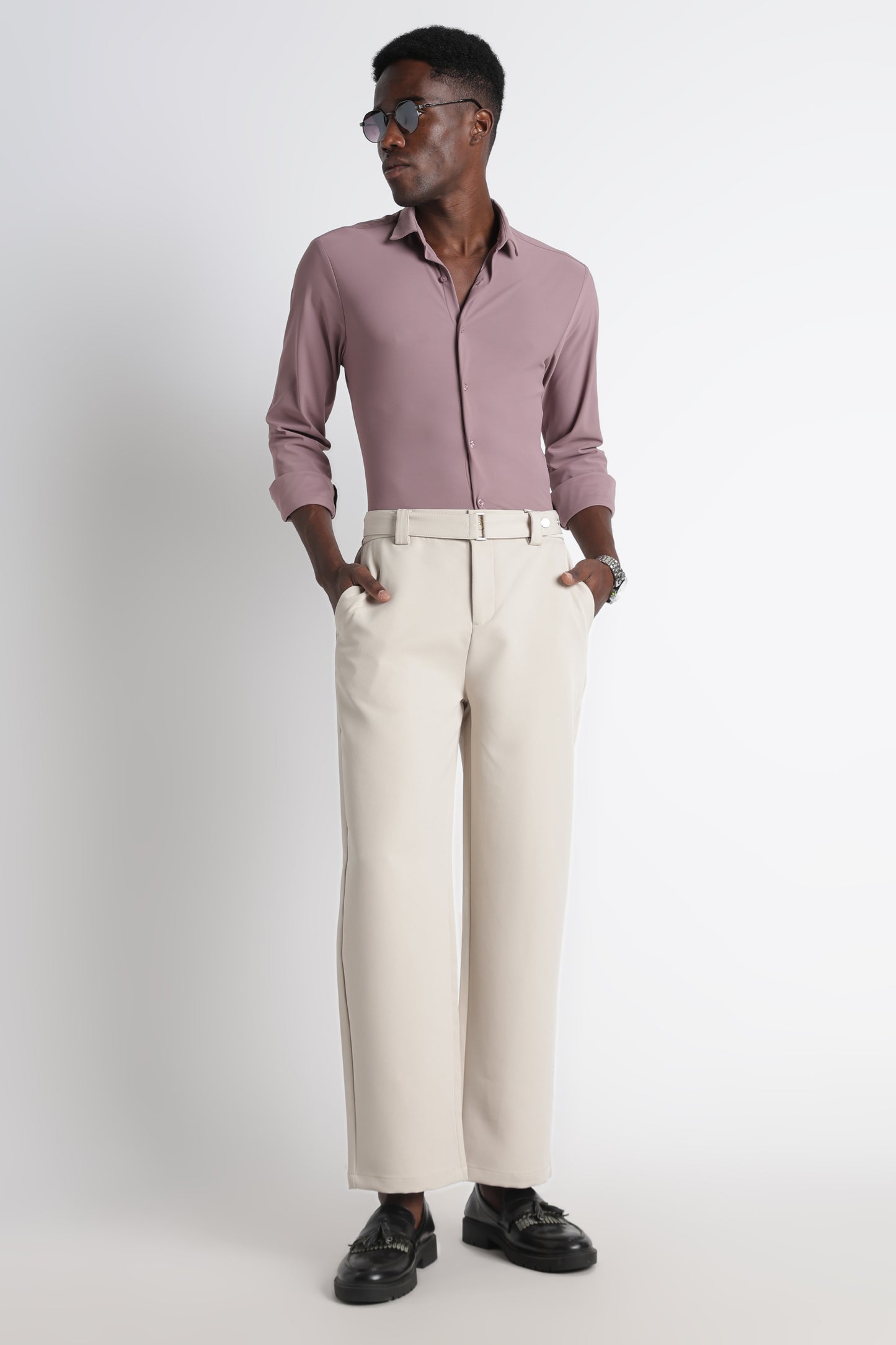 Modern Casual Trousers with Belt Detail Cream