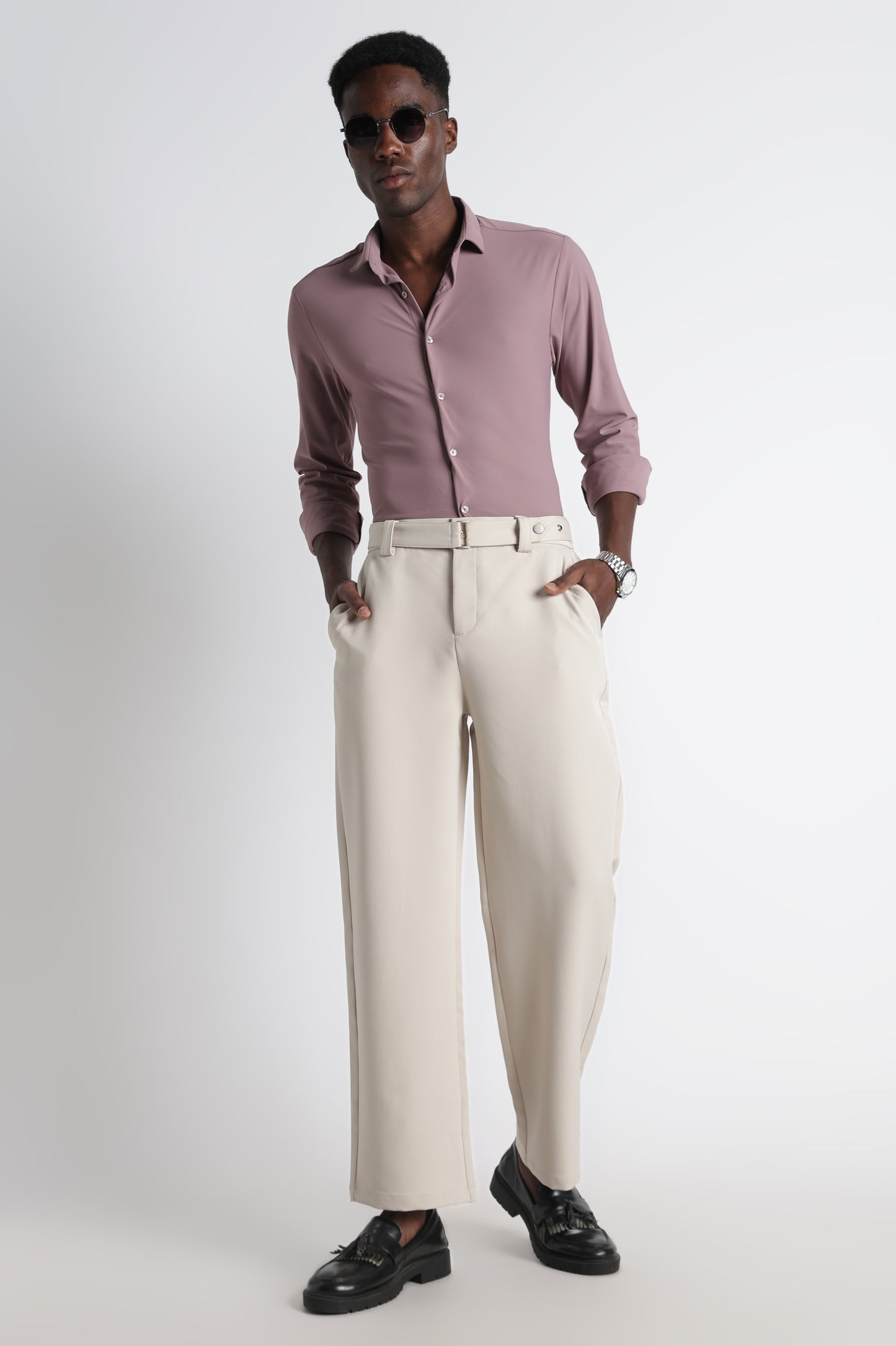 Modern Casual Trousers with Belt Detail Cream