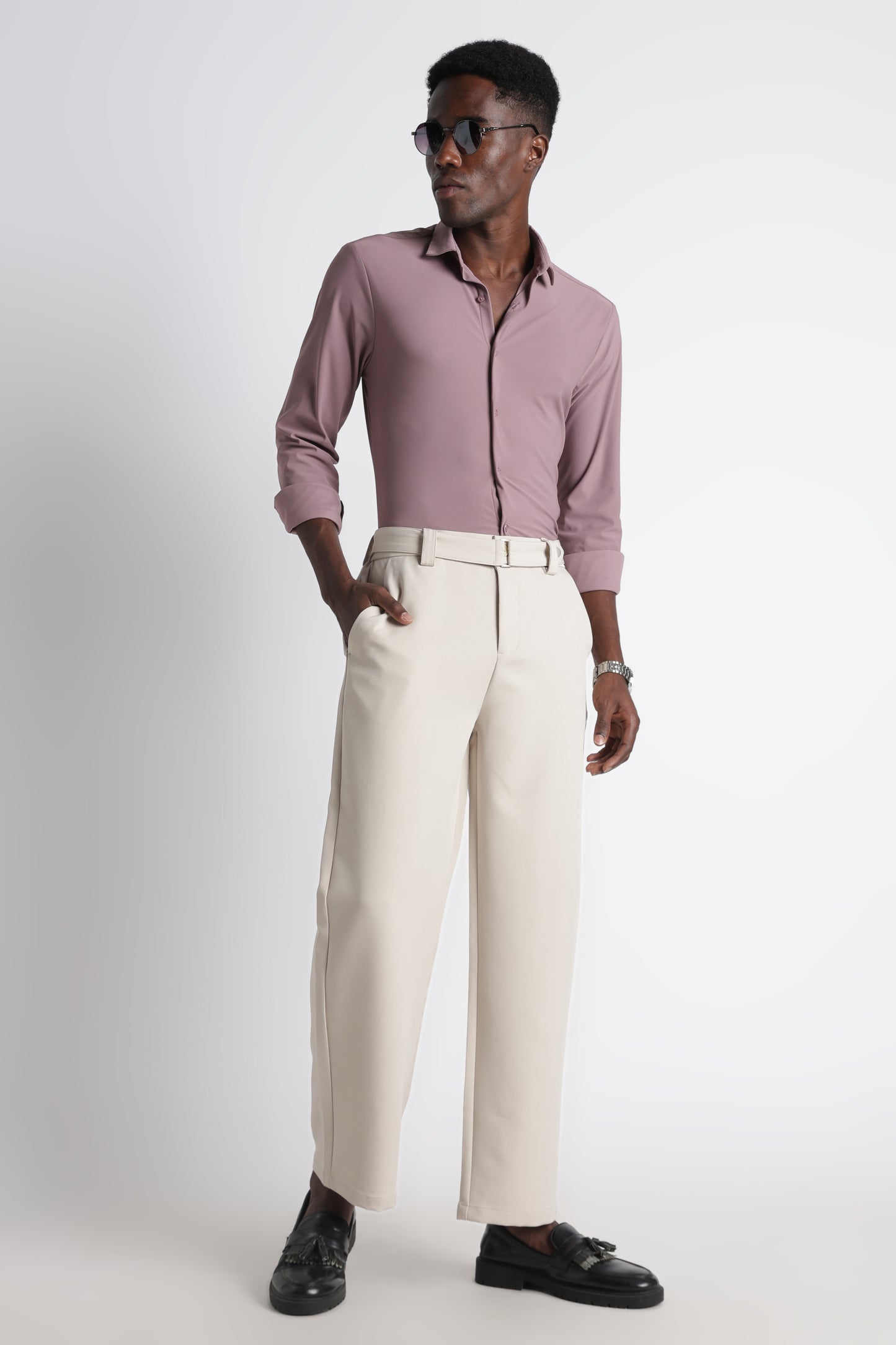 Modern Casual Trousers with Belt Detail Cream
