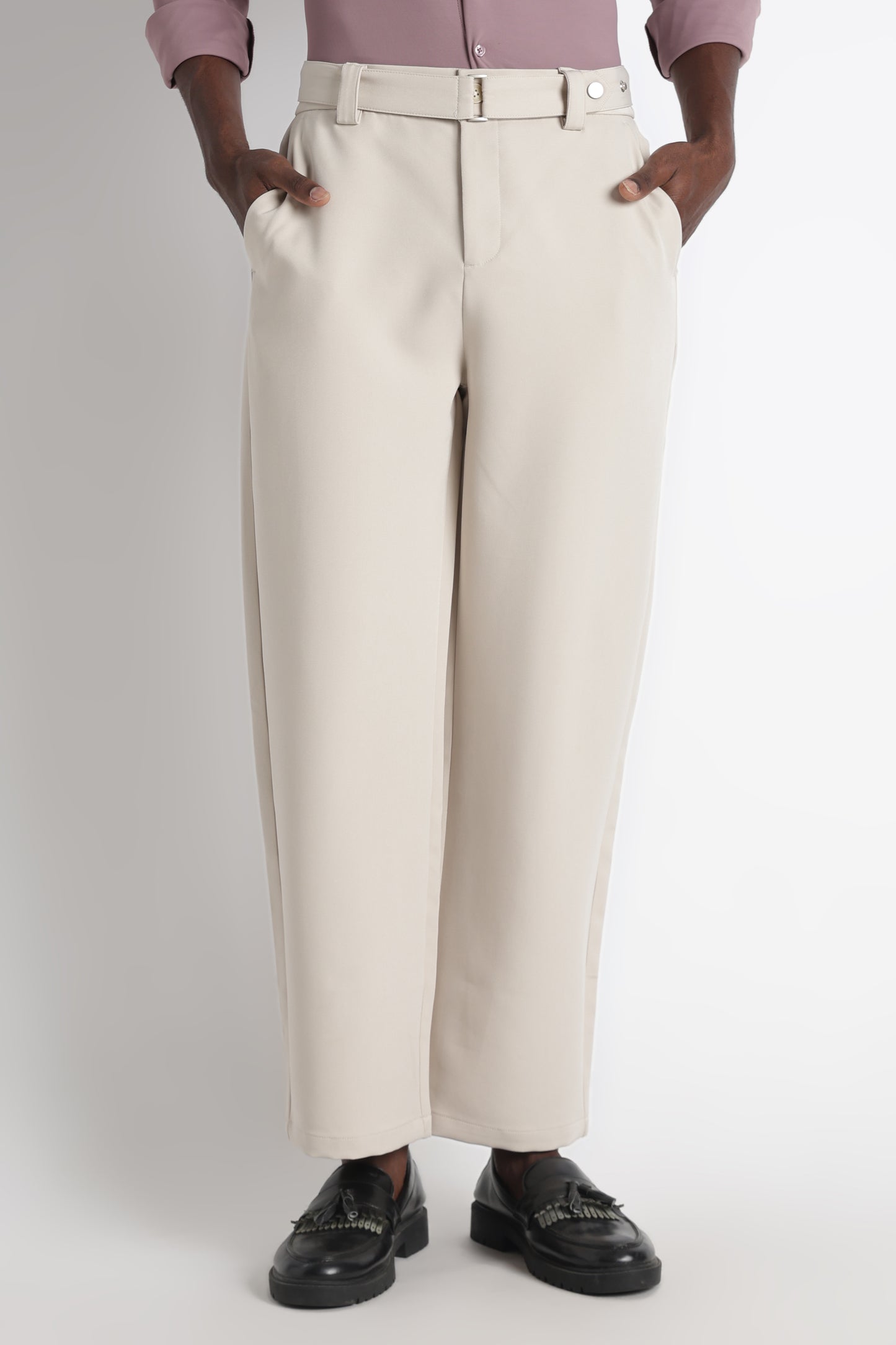 Modern Casual Trousers with Belt Detail Cream